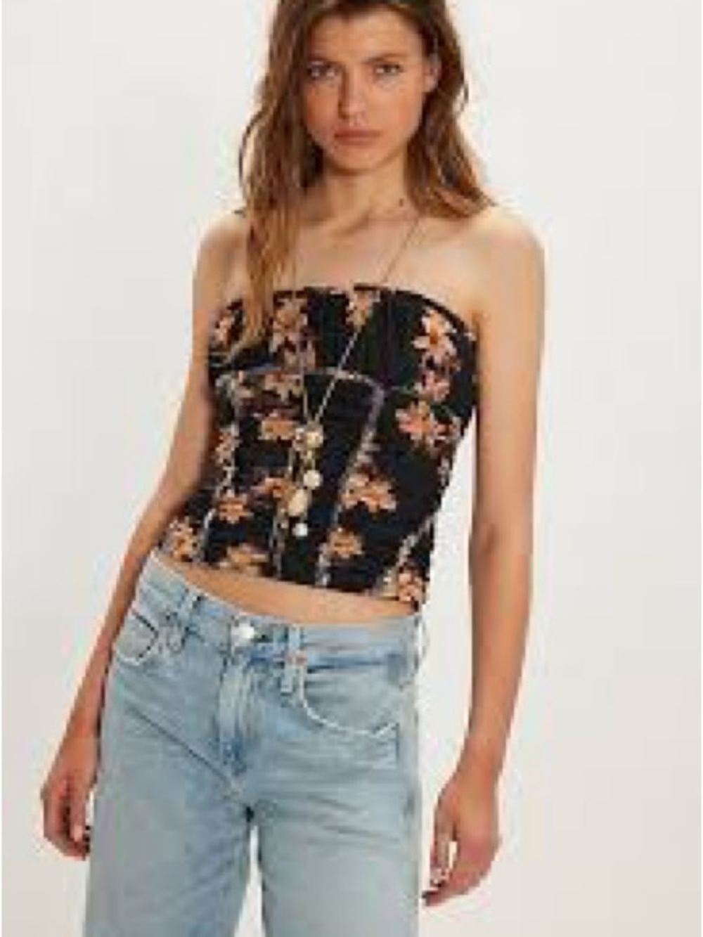 Free People Black Strapless Floral Bustier with Peach Blooms